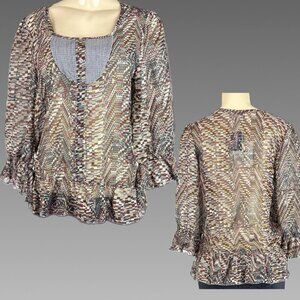 Fun & Flirt M Gray Multicolor Button Weave Detail Ruffle Hem 3/4 Sleeve Blouse